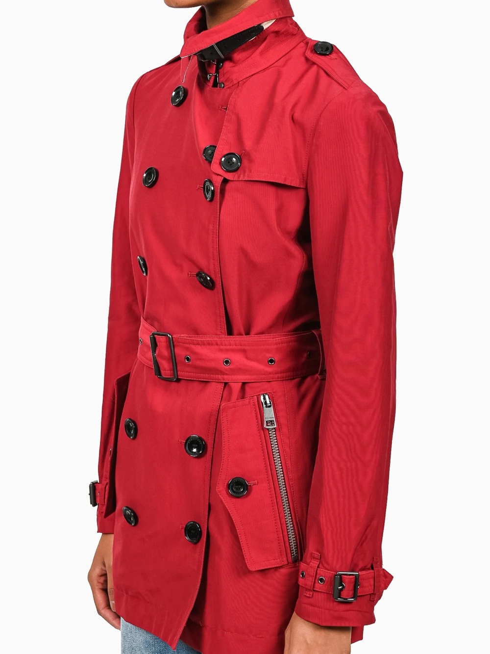 Burberry Brit Short Double-Breasted Trench Coat in Crimson